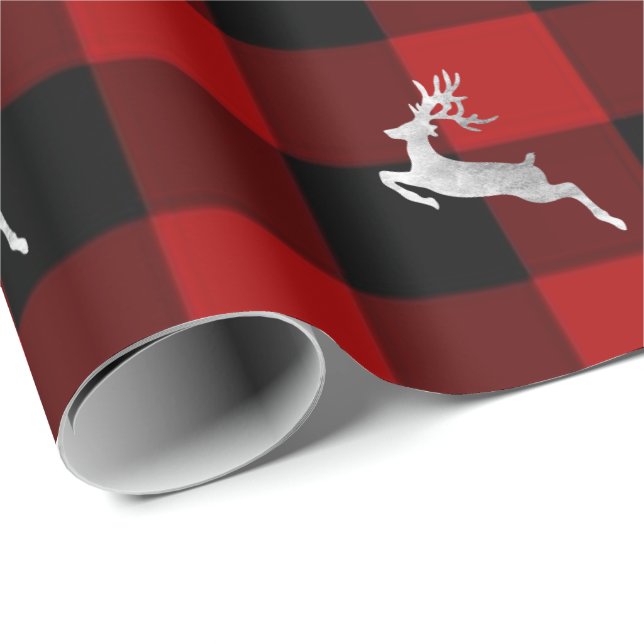 Buffalo Plaid Lomberjack Christmas Deer Silver Wrapping Paper (Roll Corner)