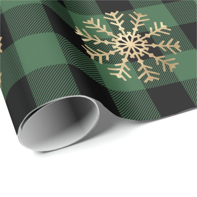 Buffalo Plaid Lomberjack Gold Snowflake Green Cali Wrapping Paper (Roll Corner)