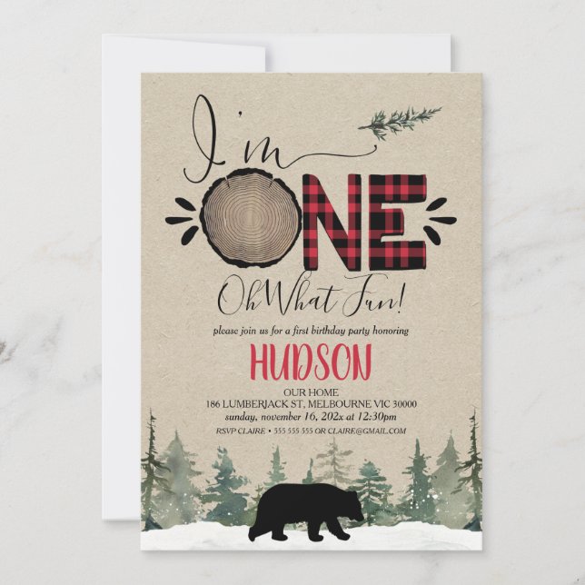 Buffalo Plaid Lumberjack First Birthday Invitation (Front)