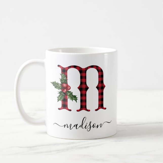 Buffalo Plaid M Monogram Christmas Coffee Mug (Left)