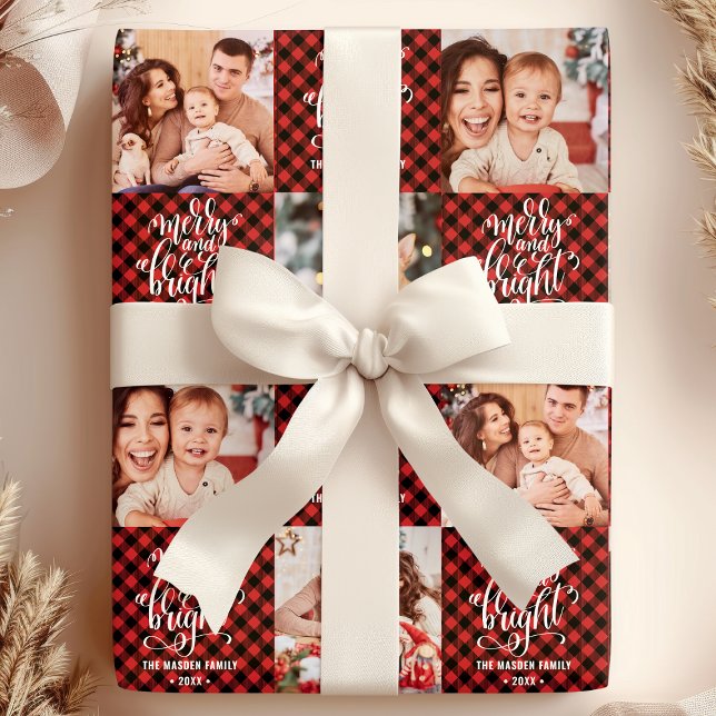 Buffalo Plaid Merry And Bright Christmas Photo Wrapping Paper (Creator Uploaded)