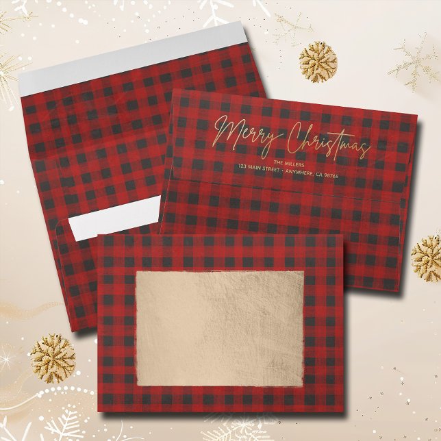 Buffalo Plaid Merry Christmas Envelope (Buffalo plaid gold Merry Christmas envelopes, FREE return address on the back)