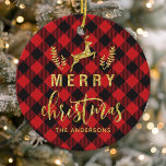Buffalo Plaid Merry Christmas Monogram Ceramic Ornament<br><div class="desc">Add a cosy, rustic touch to your holiday decor with this personalised ceramic ornament, featuring a classic buffalo plaid background and festive gold accents. Perfect for adding a personalised element to your Christmas tree, this ornament includes "Merry Christmas" in elegant script with space for a family name or monogram. Ideal...</div>