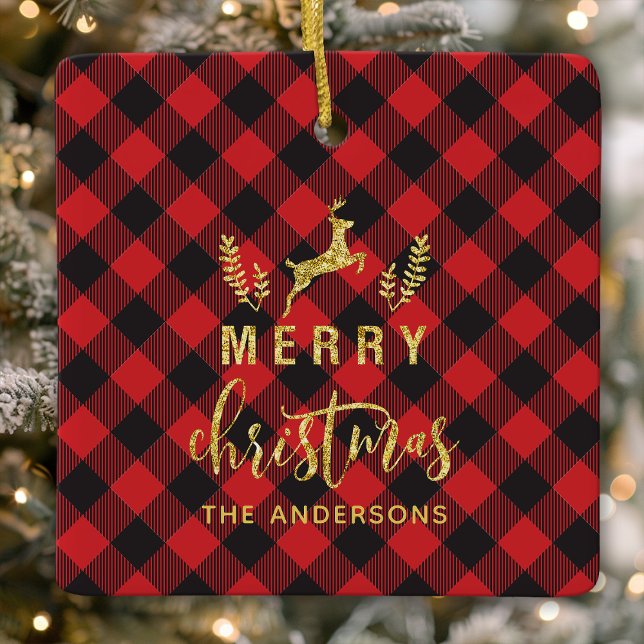 Buffalo Plaid Merry Christmas Monogram Ceramic Ornament (Creator Uploaded)