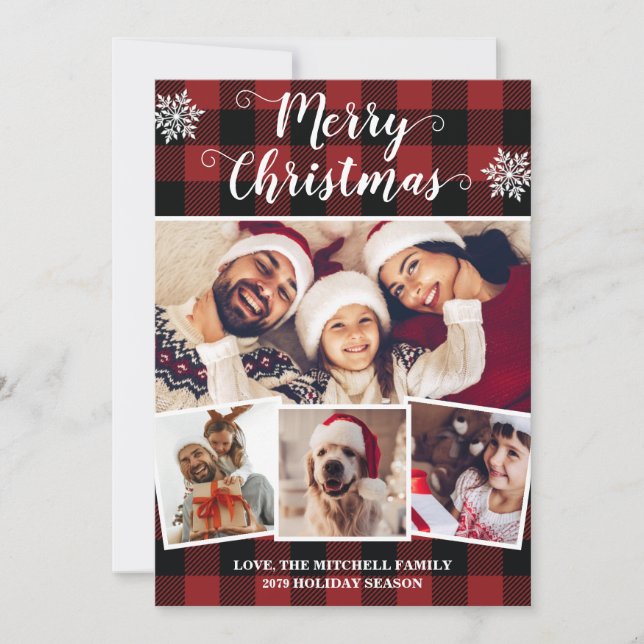 Buffalo Plaid Merry Christmas Red and Black Photo Holiday Card (Front)