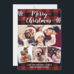 Buffalo Plaid Merry Christmas Red and Black Photo Holiday Card<br><div class="desc">Design features a 4 photo collage decorated with snowflakes,  elegant script writing that reads "Merry Christmas" and a stylish buffalo plain background in red and black colours.</div>