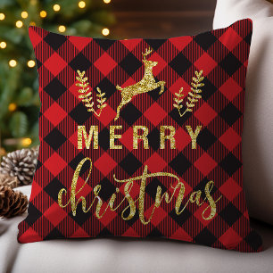 Buffalo Plaid Merry Christmas Reindeer Glitter  Cushion