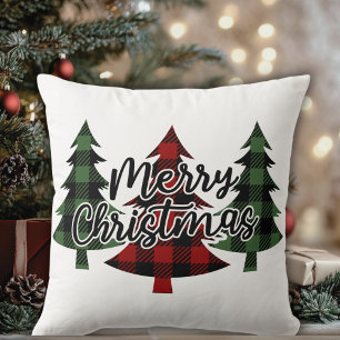 Buffalo Plaid Merry Christmas Trees Holiday Cushion