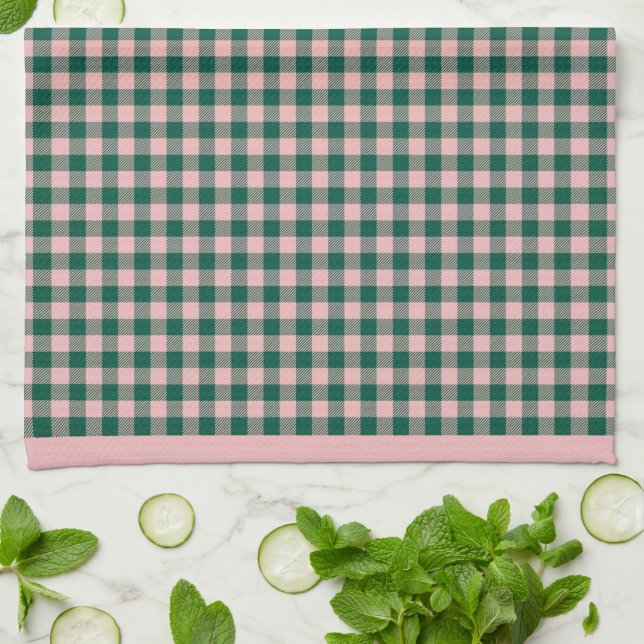 Buffalo Plaid Modern Holiday Green & Pink Tea Towel (Folded)