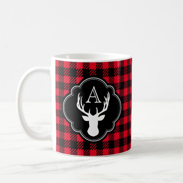 Buffalo Plaid Monogram Deer Head Coffee Mug (Left)