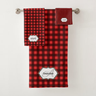 Buffalo plaid monogram family name DIY initials  Bath Towel Set