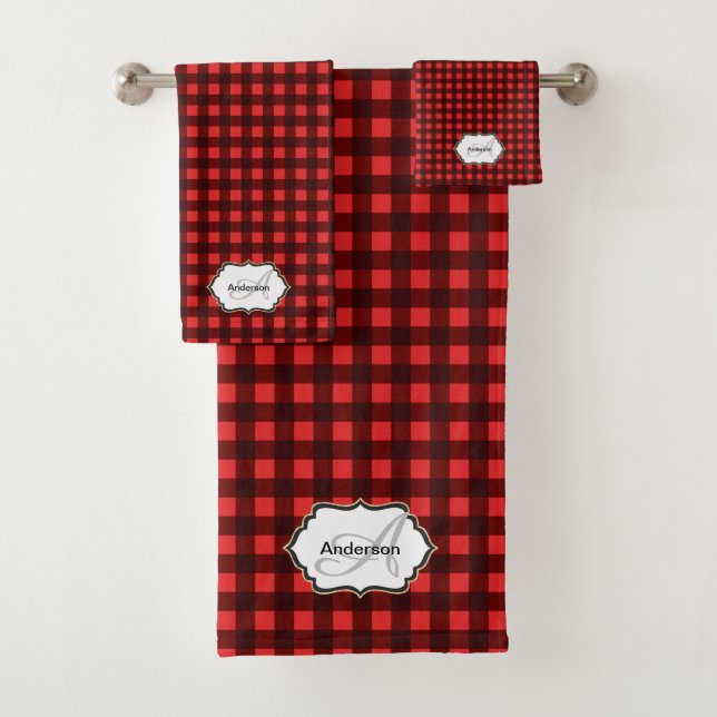 Buffalo plaid monogram family name DIY initials  Bath Towel Set (Insitu)