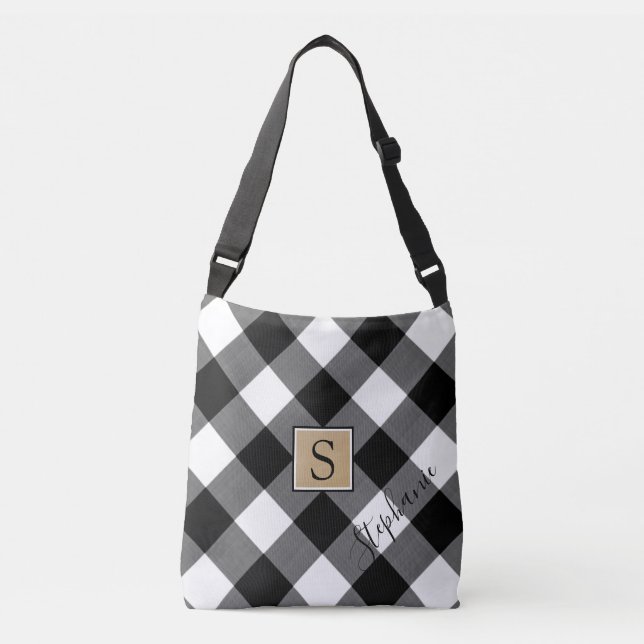 Buffalo Plaid Monogram Script Name Black White Crossbody Bag (Front)