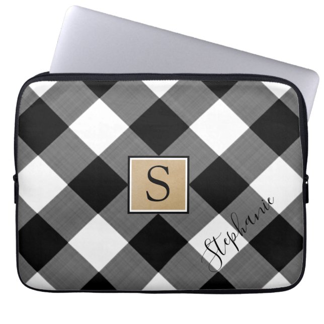 Buffalo Plaid Monogram Script Name Black White Laptop Sleeve (Front)