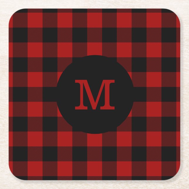 Buffalo Plaid Monogram Square Paper Coaster (Front)