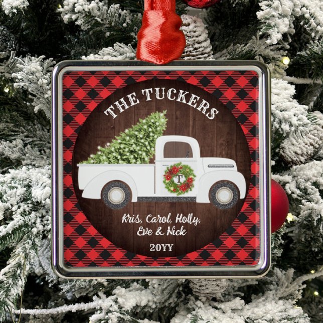 Buffalo Plaid Monogram White Christmas Truck Metal Ornament (Creator Uploaded)