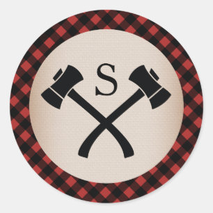 Buffalo Plaid Monogrammed Axe Wedding Classic Round Sticker