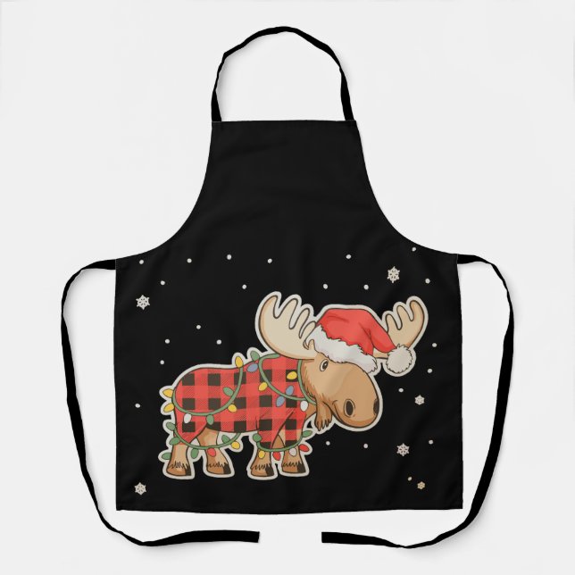 Buffalo Plaid Moose Santa Hat Christmas Tree Light Apron (Front)