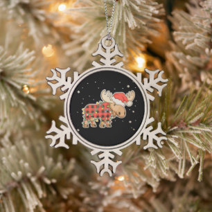 Buffalo Plaid Moose Santa Hat Christmas Tree Light Snowflake Pewter Christmas Ornament