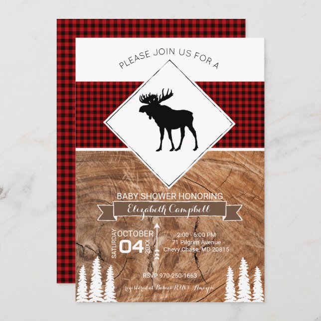 Buffalo Plaid Moose Themed Baby Shower Invitation (Front/Back)