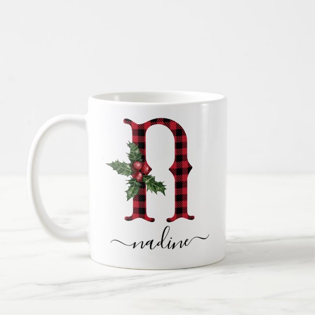 Buffalo Plaid N Monogram Christmas Coffee Mug (Left)