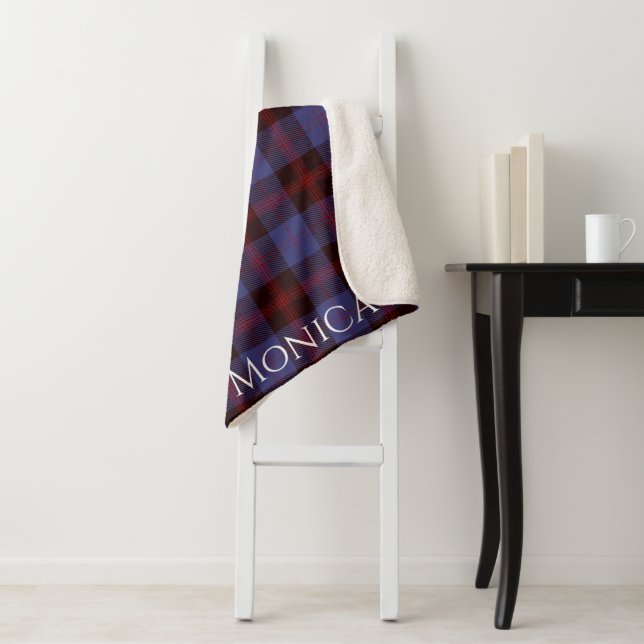 Buffalo plaid navy blue red monogram name sherpa blanket (In Situ)