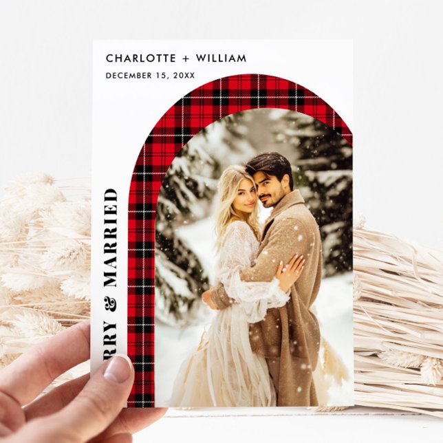 Buffalo Plaid Newlyweds Merry & Married Photo Holiday Card (Creator Uploaded)