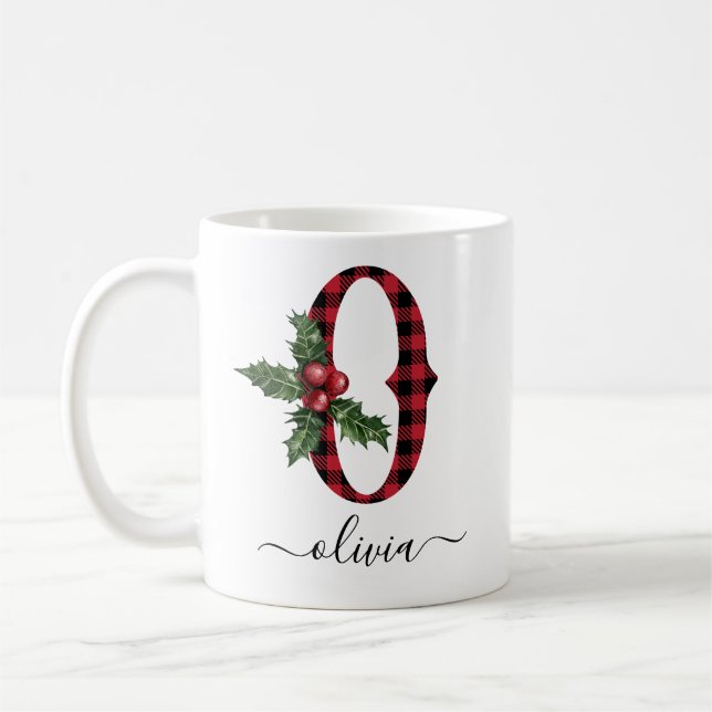 Buffalo Plaid O Monogram Christmas Coffee Mug (Left)