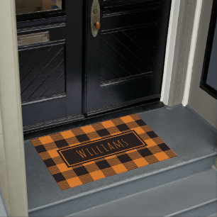 Buffalo Plaid Orange and Black Custom Name Doormat