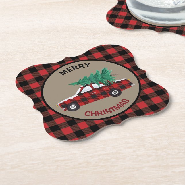Buffalo Plaid Pattern Christmas Car Paper Coaster (Angled)