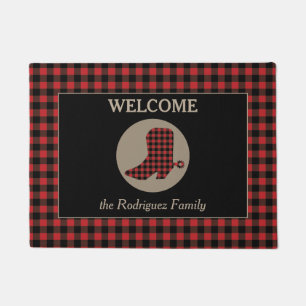Buffalo Plaid Pattern Cowboy Boot Welcome Doormat