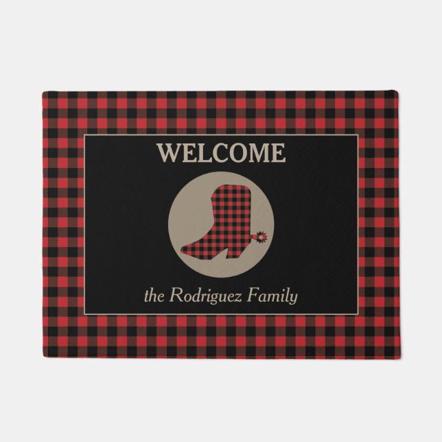 Buffalo Plaid Pattern Cowboy Boot Welcome Doormat (Front)