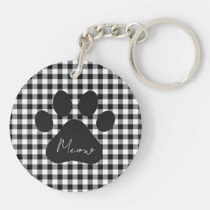 Buffalo Plaid Paw Print Black White Meow Classic Key Ring