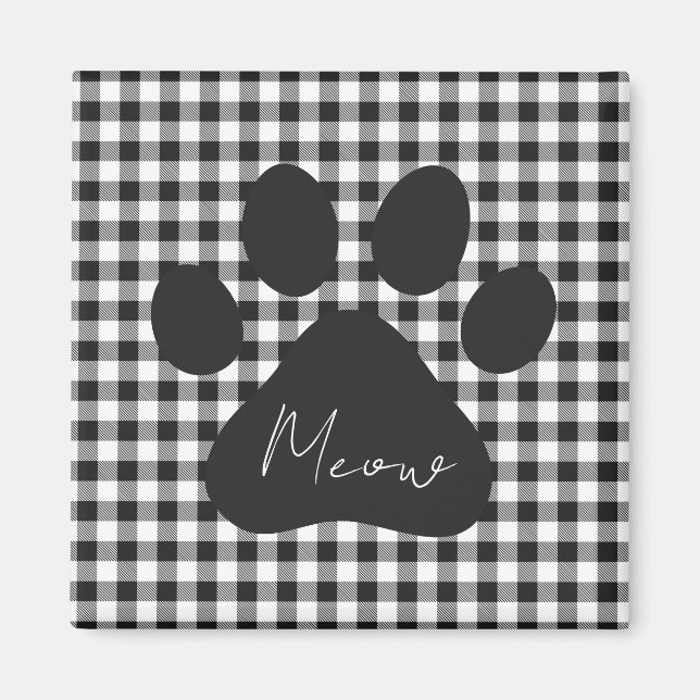Buffalo Plaid Paw Print Black White Meow Classic Magnet (Front)