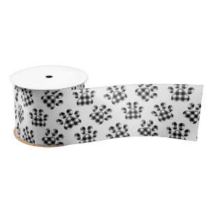 Buffalo Plaid Paw Prints On White Satin Ribbon