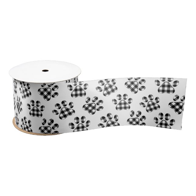 Buffalo Plaid Paw Prints On White Satin Ribbon (Spool)