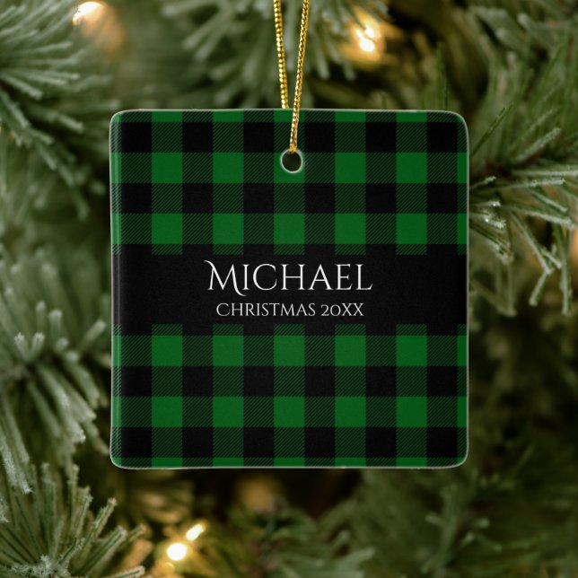 Buffalo Plaid Personalised Name Year Ceramic Ornament (Tree)