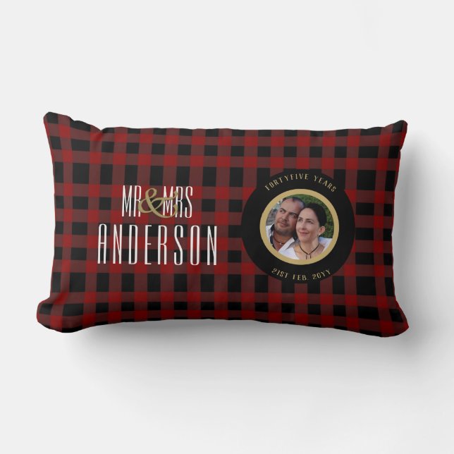 Buffalo Plaid PHOTO Anniversary ANY Milestone RED Lumbar Cushion (Front)