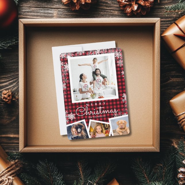  Buffalo Plaid Photo Collage Snowflake Christmas   Holiday Card (Creator Uploaded)