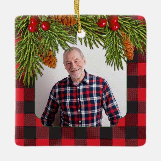 Buffalo Plaid Pine Boughs Memorial Photo Christmas Ceramic Ornament (Front)