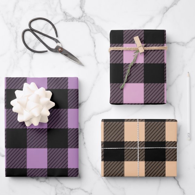 Buffalo Plaid Pink, Purple, and Orange Shades Wrapping Paper Sheet (Front)