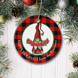 Buffalo Plaid Poinsettia Gnome Ceramic Ornament