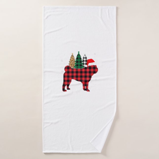 Buffalo Plaid Pug Dog Tree Leopard print Christmas Bath Towel (Bath Towel)