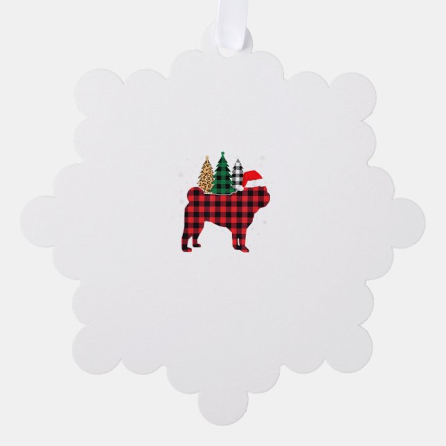 Buffalo Plaid Pug Dog Tree Leopard print Christmas Decoration Card (Front)
