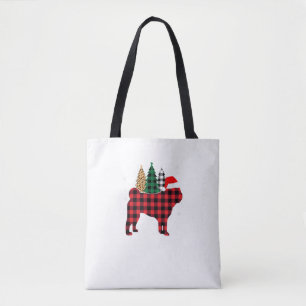 Buffalo Plaid Pug Dog Tree Leopard print Christmas Tote Bag
