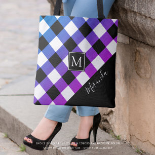 Buffalo Plaid Purple Pink Monogram Name Tote Bag