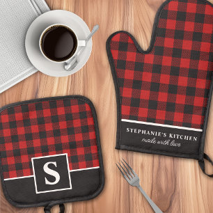 Buffalo Plaid Red And Black Chequered Monogrammed Oven Mitt & Pot Holder Set