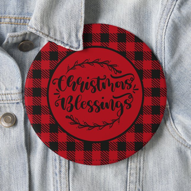 BUFFALO PLAID RED AND BLACK CHRISTMAS GREETING 6 CM ROUND BADGE (In Situ)
