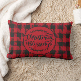BUFFALO PLAID RED AND BLACK CHRISTMAS GREETING LUMBAR CUSHION