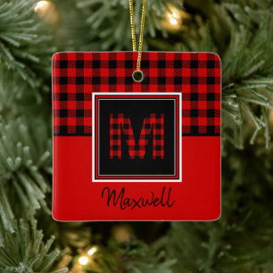 Buffalo Plaid Red and Black Monogram and Name Ceramic Ornament